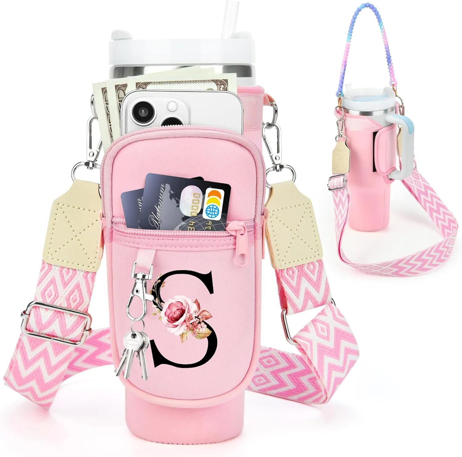 Water Bottle Carrier Bag for Stanley 40 oz Tumbler with Phone Pocket, Stanley Cup Holder with Strap, Personalized Stanley Cup Accessories Gift for Birthday, Mother’s Day, Graduation & Summer Travel.