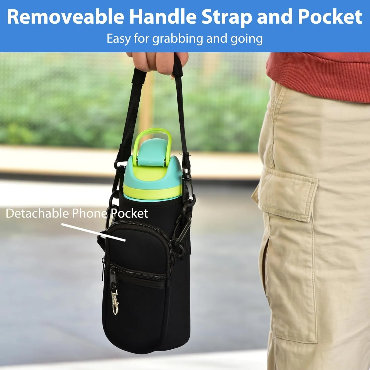 Water Bottle Carrier Bag with Detachable Phone Pocket for Owala FreeSip 24 32 oz with Strap Water Bottle Sleeve for Walking Camping Gym