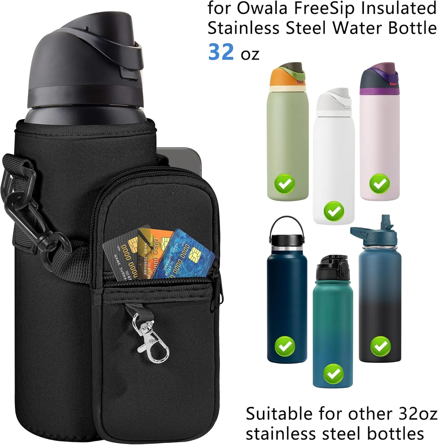 Water Bottle Carrier Bag with Detachable Phone Pocket for Owala FreeSip 24 32 oz with Strap Water Bottle Sleeve for Walking Camping Gym