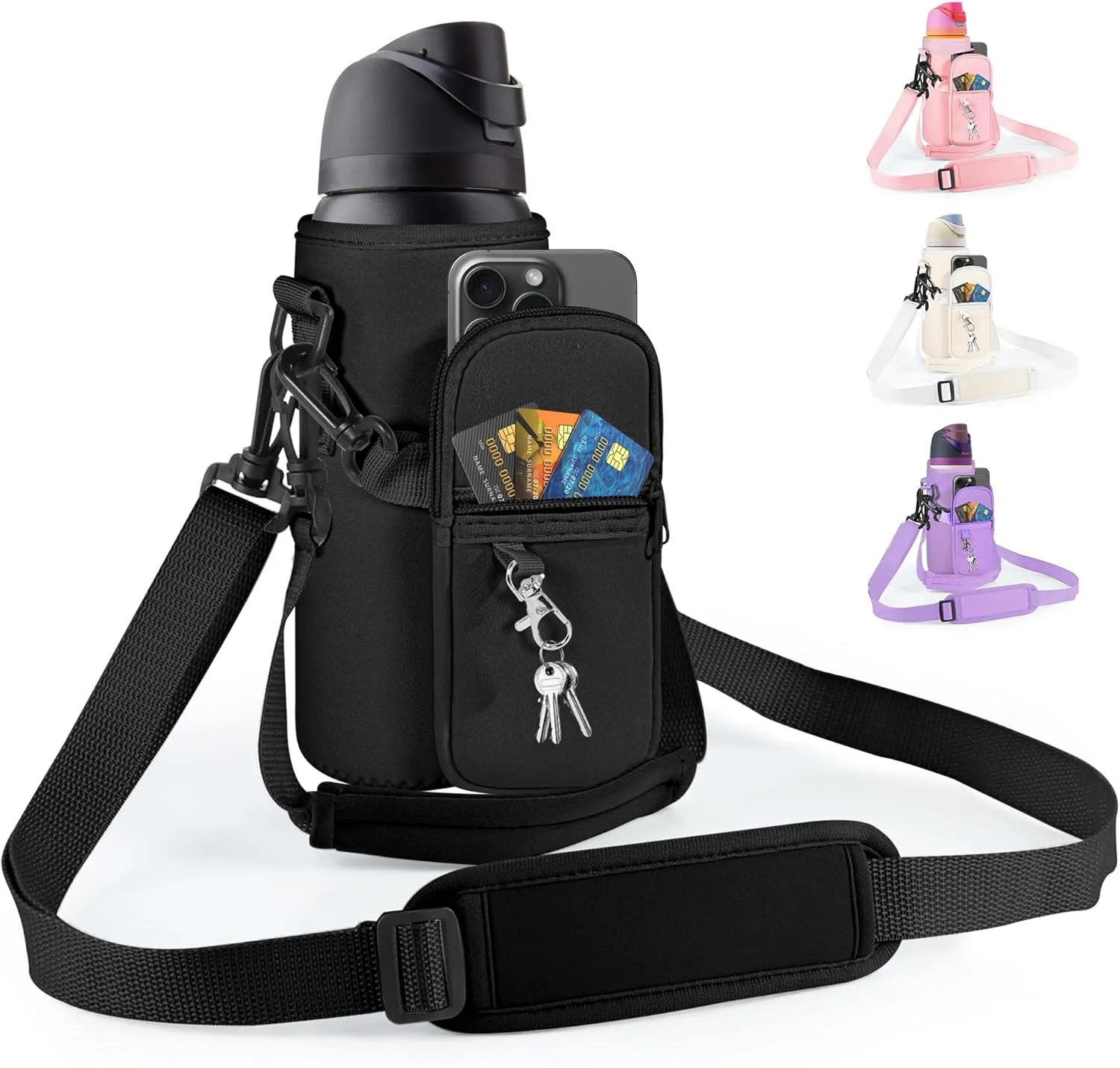 Water Bottle Carrier Bag with Detachable Phone Pocket for Owala FreeSip 24 32 oz with Strap Water Bottle Sleeve for Walking Camping Gym