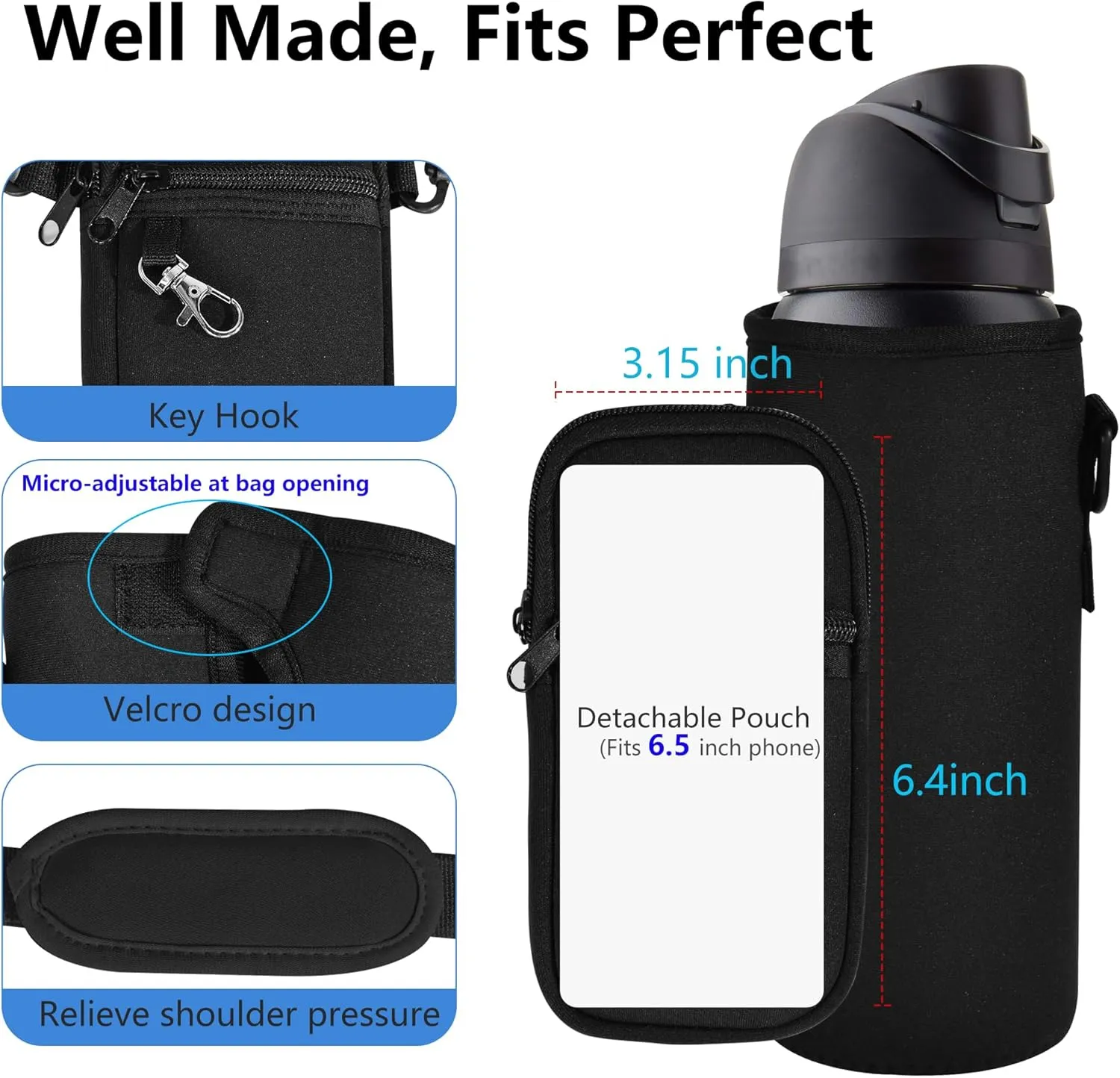 Water Bottle Carrier Bag with Detachable Phone Pocket for Owala FreeSip 24 32 oz with Strap Water Bottle Sleeve for Walking Camping Gym