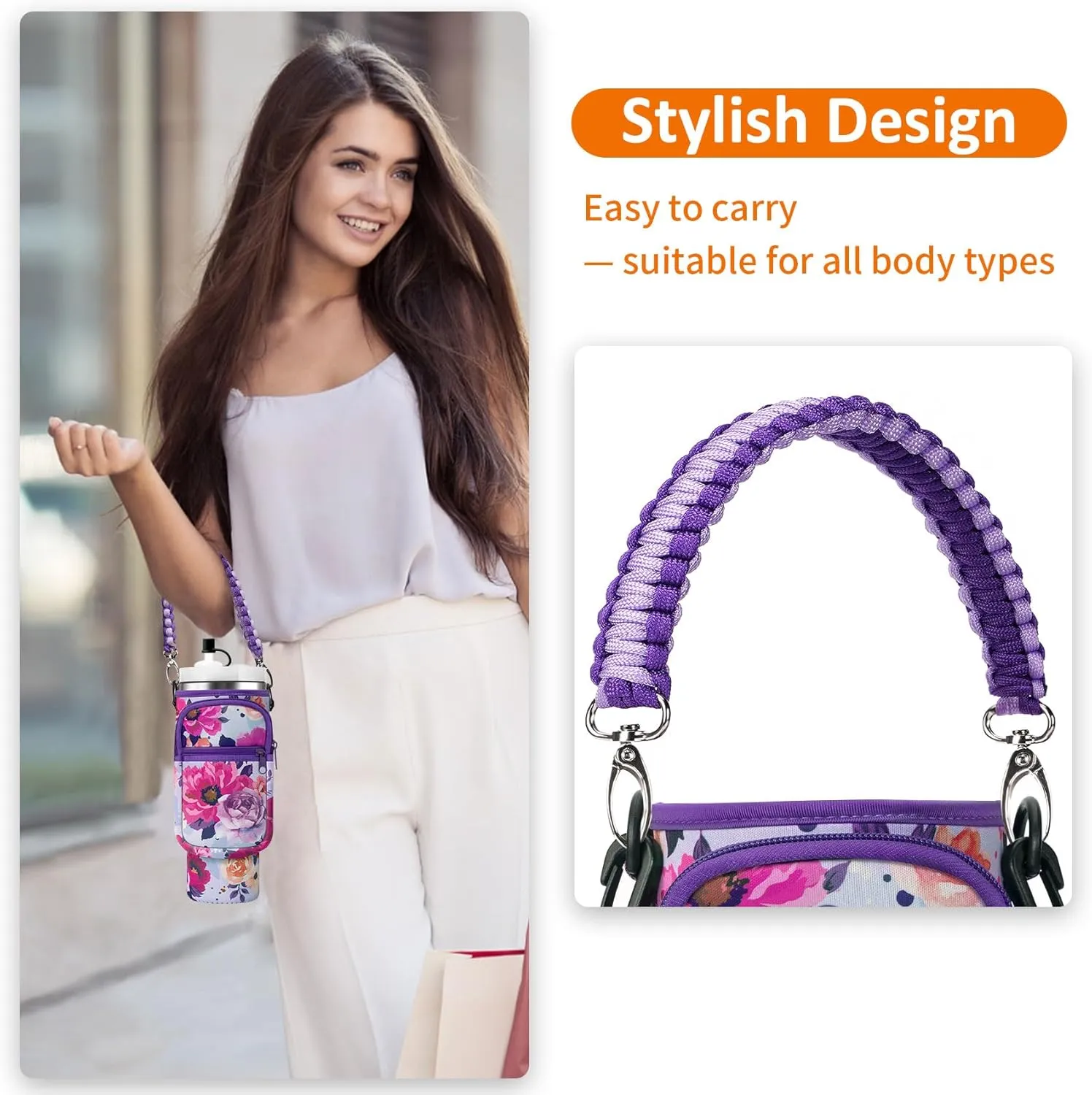 Water Bottle Carrier Bag with Paracord Handle for Stanley 40/30 oz Tumbler Neoprene Insulated Mug Sleeve Pouch with 2 Pockets & Adjustable Strap & Straw Cover for Stanley Cup Accessories