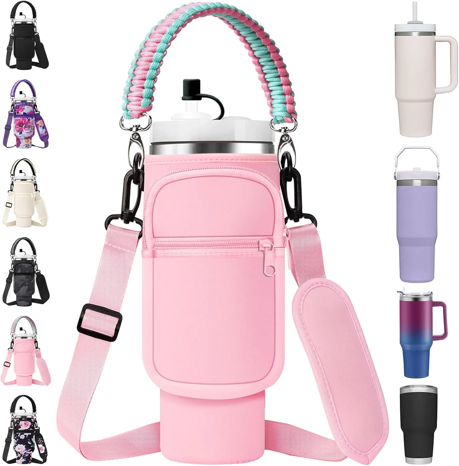 Water Bottle Carrier Bag with Paracord Handle for Stanley 40/30 oz Tumbler Neoprene Insulated Mug Sleeve Pouch with 2 Pockets & Adjustable Strap & Straw Cover for Stanley Cup Accessories