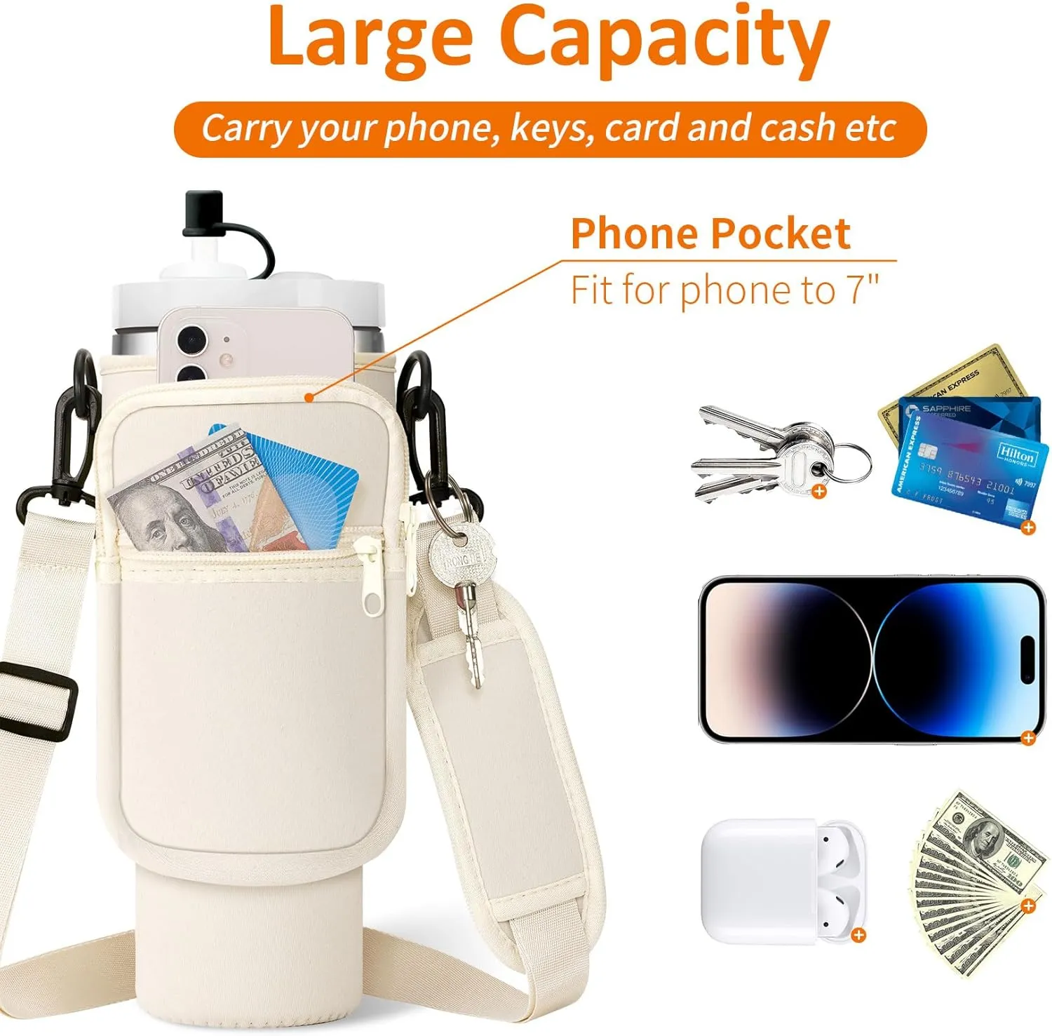 Water Bottle Carrier Bag with Paracord Handle for Stanley 40/30 oz Tumbler Neoprene Insulated Mug Sleeve Pouch with 2 Pockets & Adjustable Strap & Straw Cover for Stanley Cup Accessories