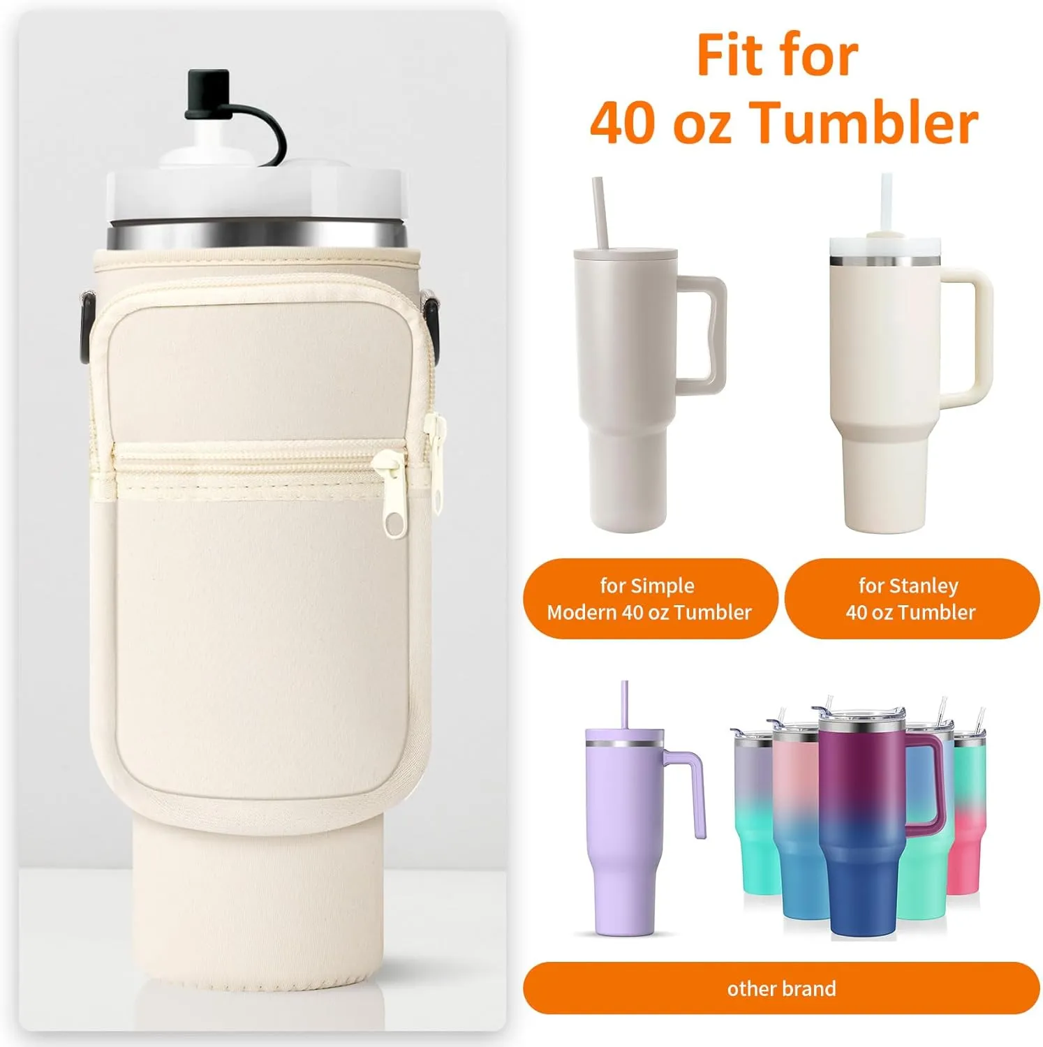 Water Bottle Carrier Bag with Paracord Handle for Stanley 40/30 oz Tumbler Neoprene Insulated Mug Sleeve Pouch with 2 Pockets & Adjustable Strap & Straw Cover for Stanley Cup Accessories