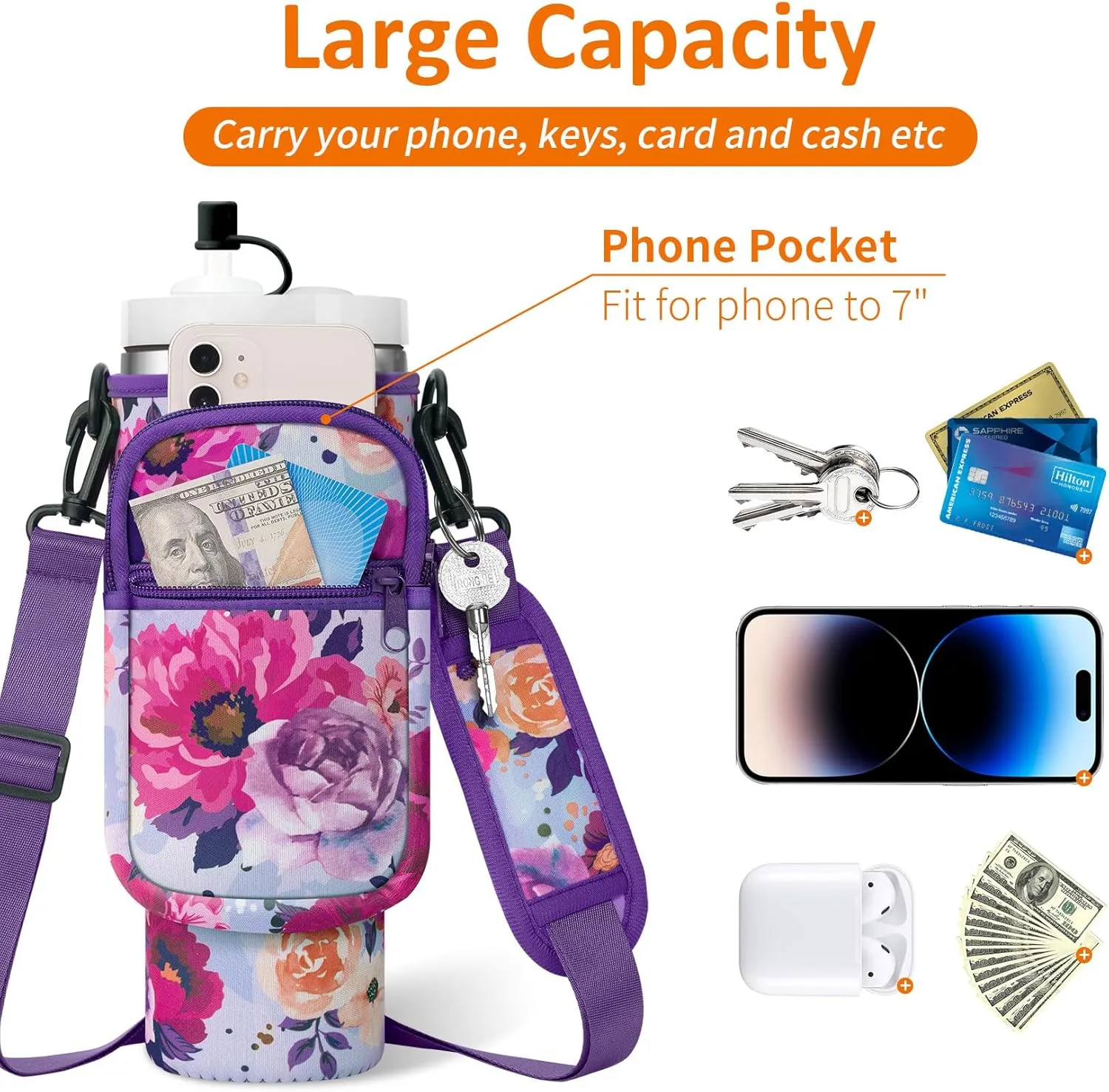 Water Bottle Carrier Bag with Paracord Handle for Stanley 40/30 oz Tumbler Neoprene Insulated Mug Sleeve Pouch with 2 Pockets & Adjustable Strap & Straw Cover for Stanley Cup Accessories
