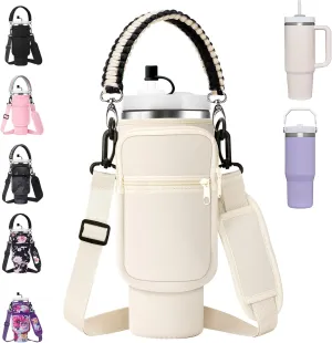 Water Bottle Carrier Bag with Paracord Handle for Stanley 40/30 oz Tumbler Neoprene Insulated Mug Sleeve Pouch with 2 Pockets & Adjustable Strap & Straw Cover for Stanley Cup Accessories