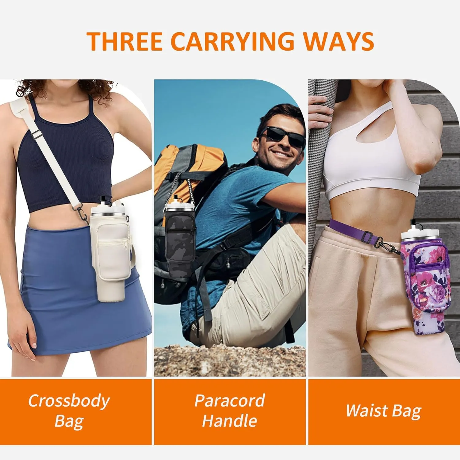 Water Bottle Carrier Bag with Paracord Handle for Stanley 40/30 oz Tumbler Neoprene Insulated Mug Sleeve Pouch with 2 Pockets & Adjustable Strap & Straw Cover for Stanley Cup Accessories