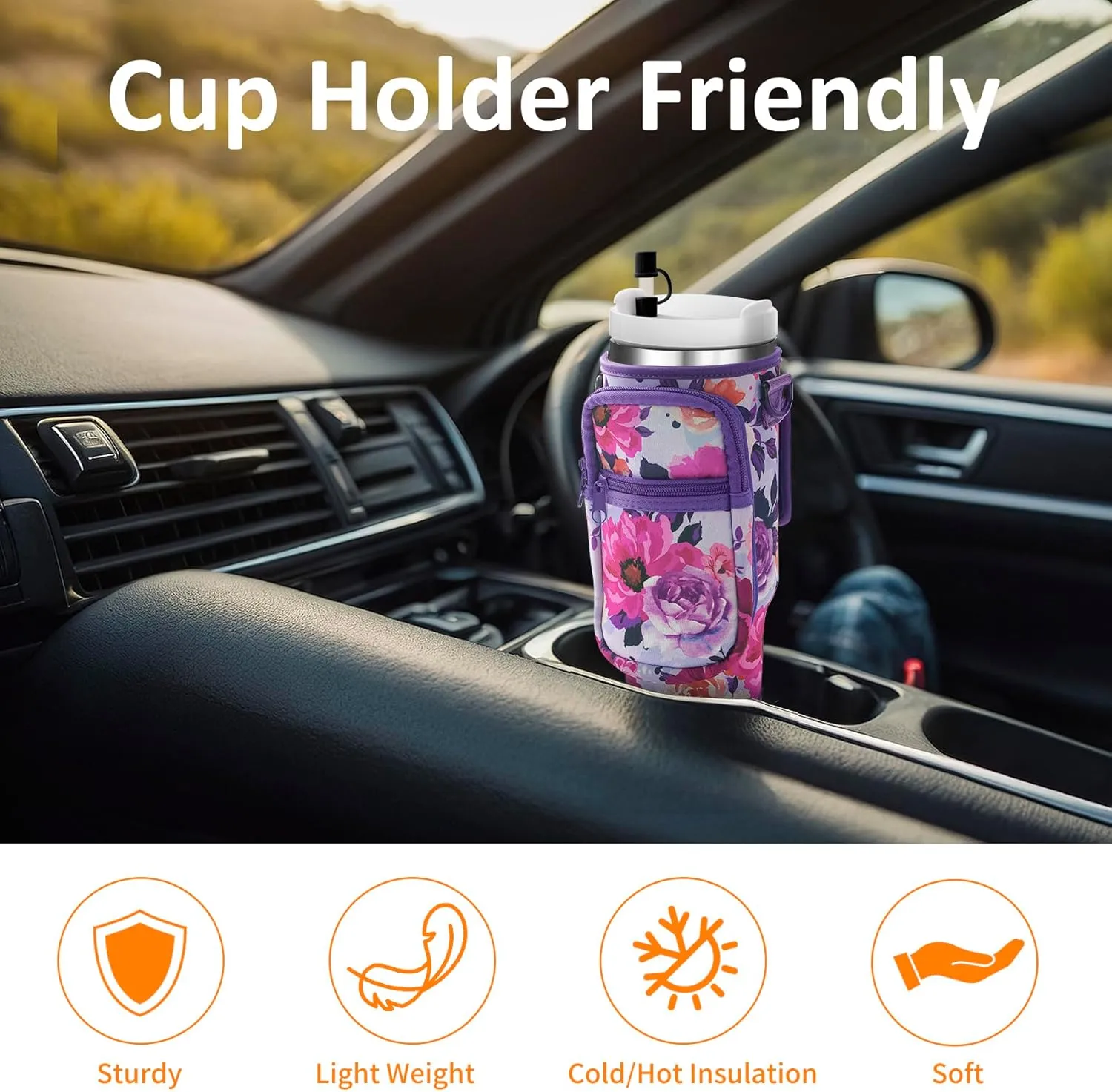 Water Bottle Carrier Bag with Paracord Handle for Stanley 40/30 oz Tumbler Neoprene Insulated Mug Sleeve Pouch with 2 Pockets & Adjustable Strap & Straw Cover for Stanley Cup Accessories