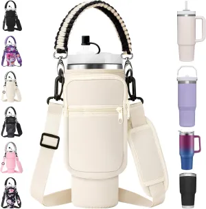Water Bottle Carrier Bag with Paracord Handle for Stanley 40/30 oz Tumbler Neoprene Insulated Mug Sleeve Pouch with 2 Pockets & Adjustable Strap & Straw Cover for Stanley Cup Accessories