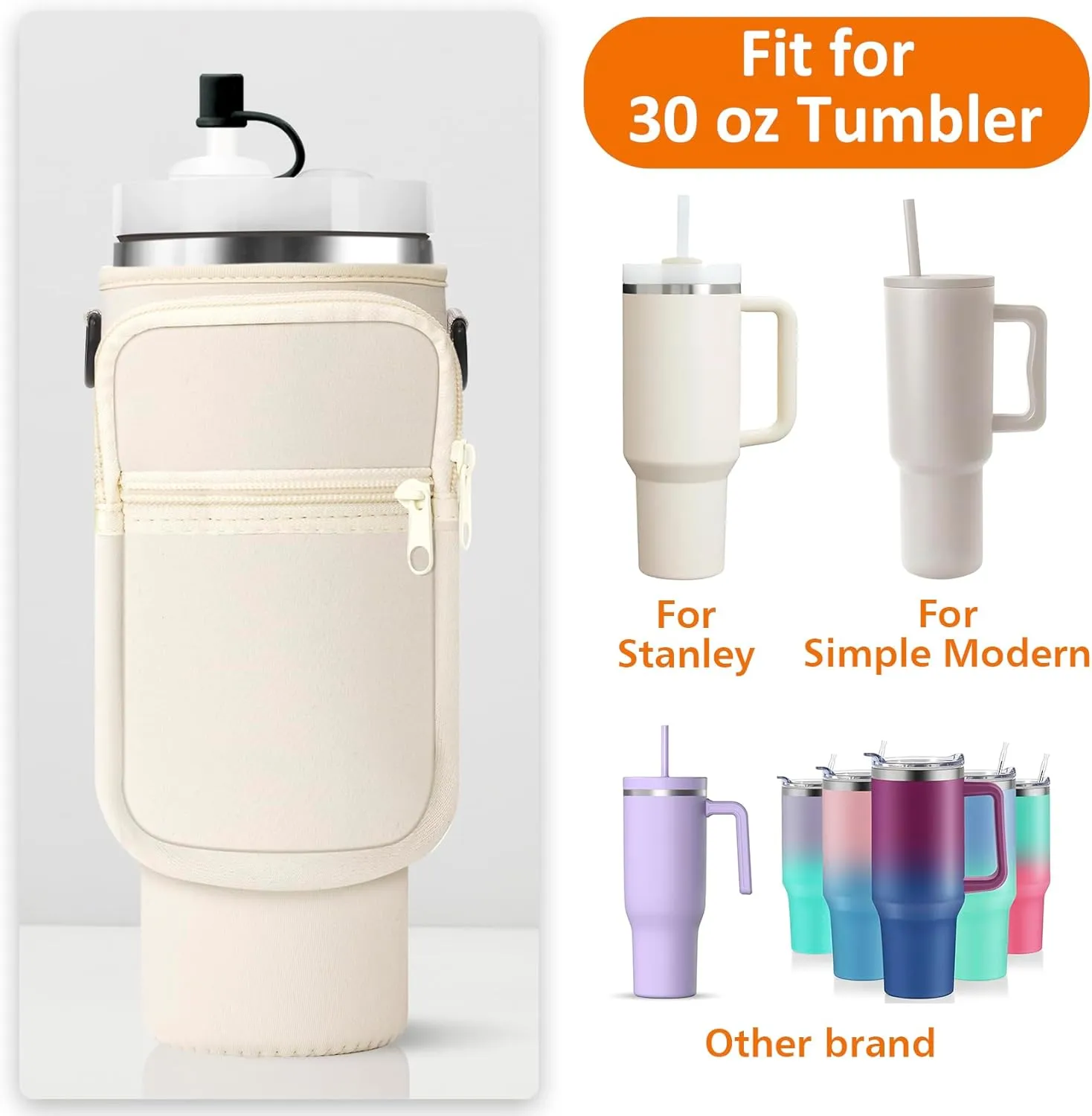 Water Bottle Carrier Bag with Paracord Handle for Stanley 40/30 oz Tumbler Neoprene Insulated Mug Sleeve Pouch with 2 Pockets & Adjustable Strap & Straw Cover for Stanley Cup Accessories