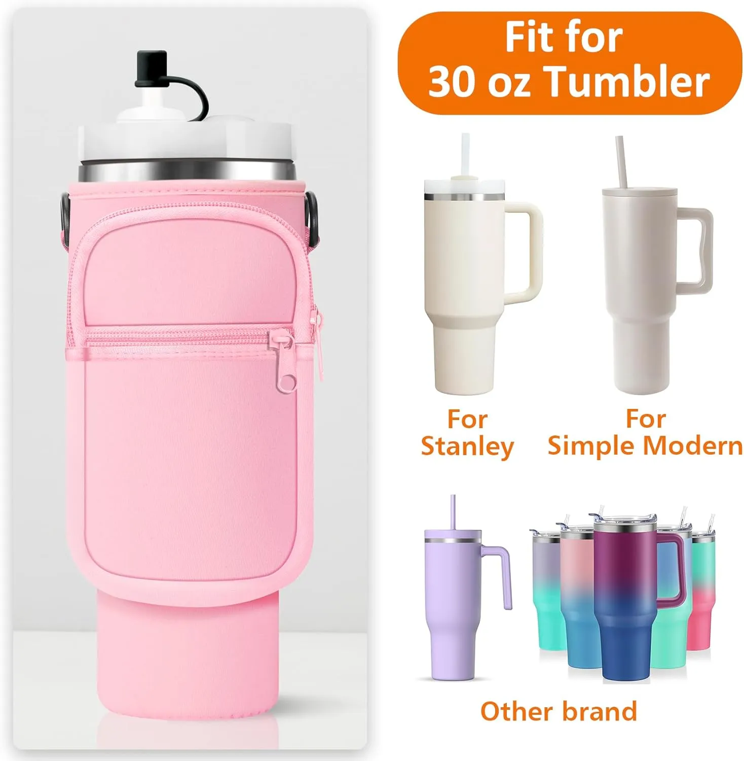 Water Bottle Carrier Bag with Paracord Handle for Stanley 40/30 oz Tumbler Neoprene Insulated Mug Sleeve Pouch with 2 Pockets & Adjustable Strap & Straw Cover for Stanley Cup Accessories