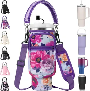 Water Bottle Carrier Bag with Paracord Handle for Stanley 40/30 oz Tumbler Neoprene Insulated Mug Sleeve Pouch with 2 Pockets & Adjustable Strap & Straw Cover for Stanley Cup Accessories