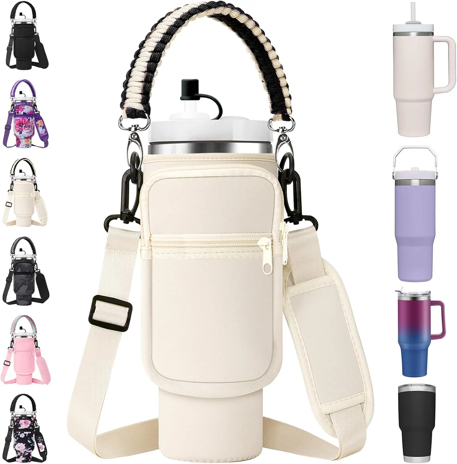 Water Bottle Carrier Bag with Paracord Handle for Stanley 40/30 oz Tumbler Neoprene Insulated Mug Sleeve Pouch with 2 Pockets & Adjustable Strap & Straw Cover for Stanley Cup Accessories