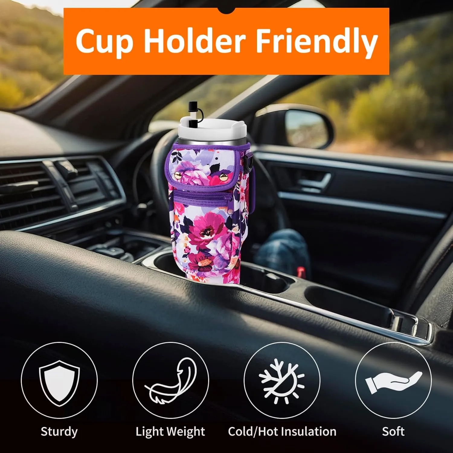 Water Bottle Carrier Bag with Phone Pocket for Stanley 40/30 oz Tumbler Neoprene Insulated Mug Sleeve Pouch with 2 Pockets & Adjustable Strap & Straw Cover for Stanley Cup Accessories