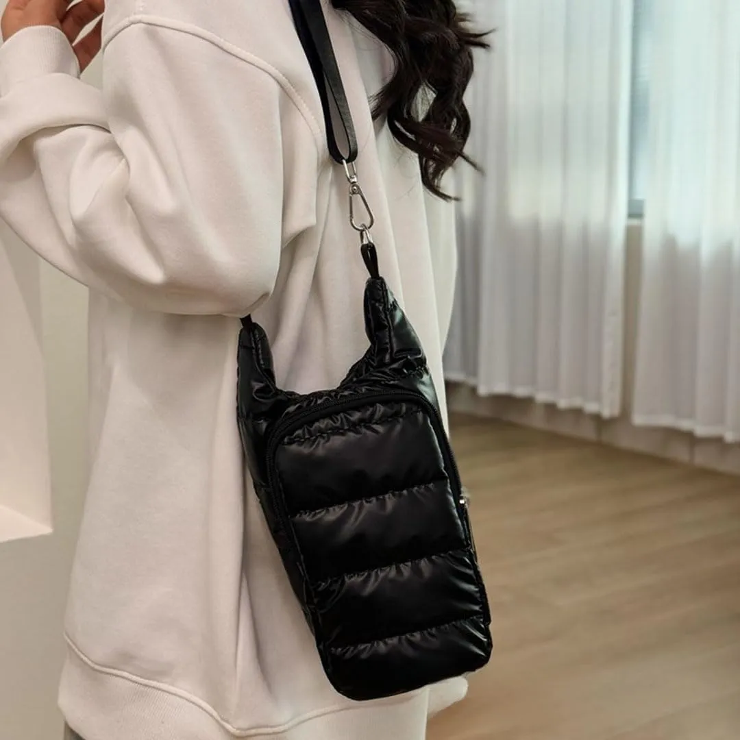 Water Bottle Carrier Bag with Phone Pocket Puffer Tote Bag Quilted Crossbody Shoulder Bag Water Bottle Holder with Strap