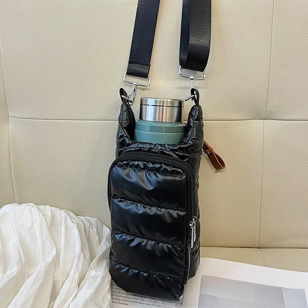 Water Bottle Carrier Bag with Phone Pocket Puffer Tote Bag Quilted Crossbody Shoulder Bag Water Bottle Holder with Strap