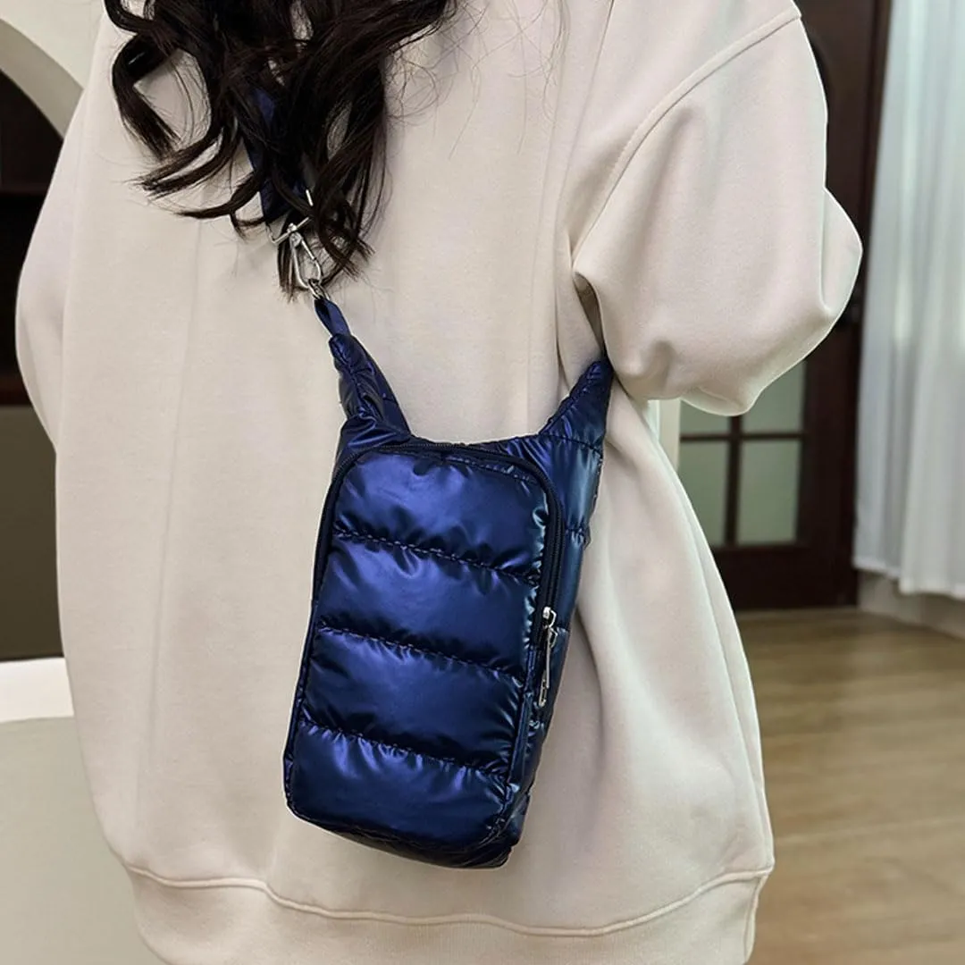 Water Bottle Carrier Bag with Phone Pocket Puffer Tote Bag Quilted Crossbody Shoulder Bag Water Bottle Holder with Strap