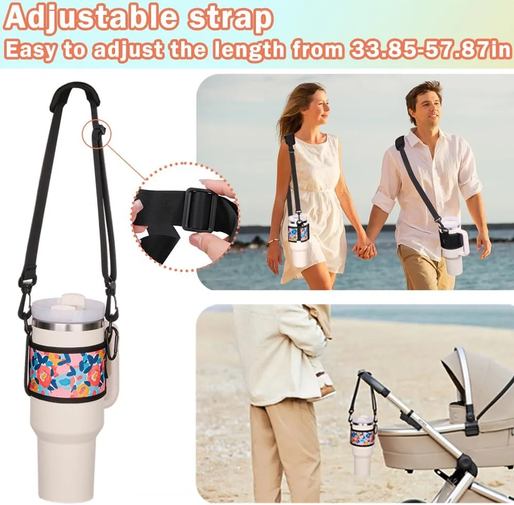 Water Bottle Carrier Holder with Shoulder Strap Water Bottle Handle Strap Sling for Stanley 30&40oz Tumblers with 2pc Straw Covers Toppers for Stanley Cup Accessories (Leaf Print)