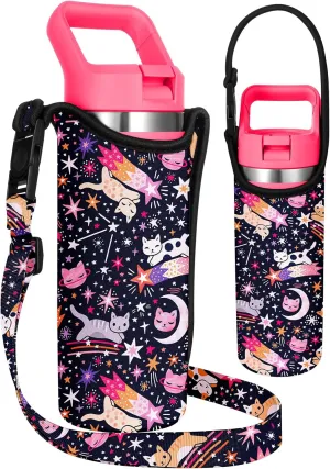 Water Bottle Carrier with Strap - Handheld Kids Water Bottle Holder for 10-16 oz / 14-20 oz Cute Cartoon Design Neoprene Crossbody Bottle Sling Bag for Boys Girls