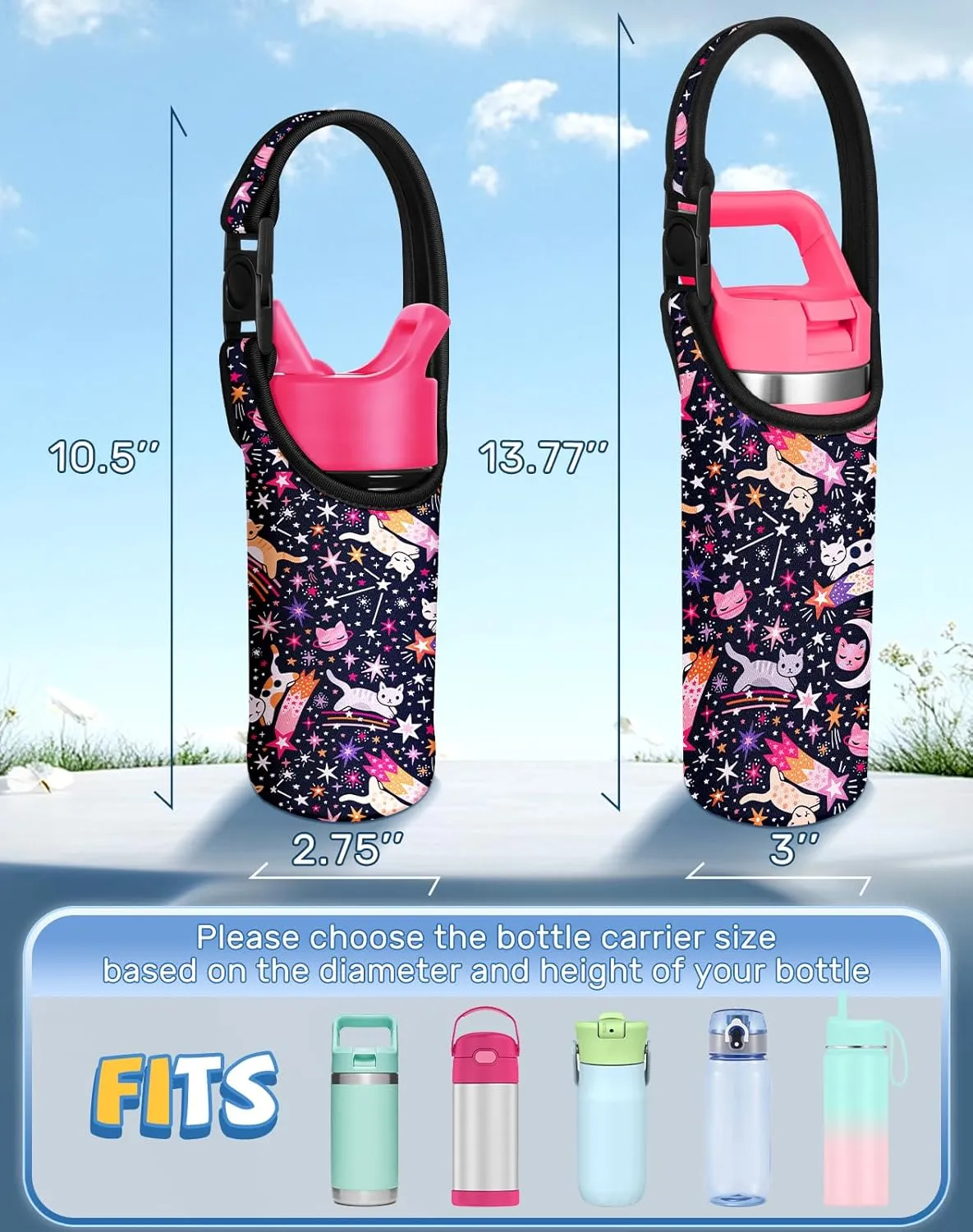 Water Bottle Carrier with Strap - Handheld Kids Water Bottle Holder for 10-16 oz / 14-20 oz Cute Cartoon Design Neoprene Crossbody Bottle Sling Bag for Boys Girls