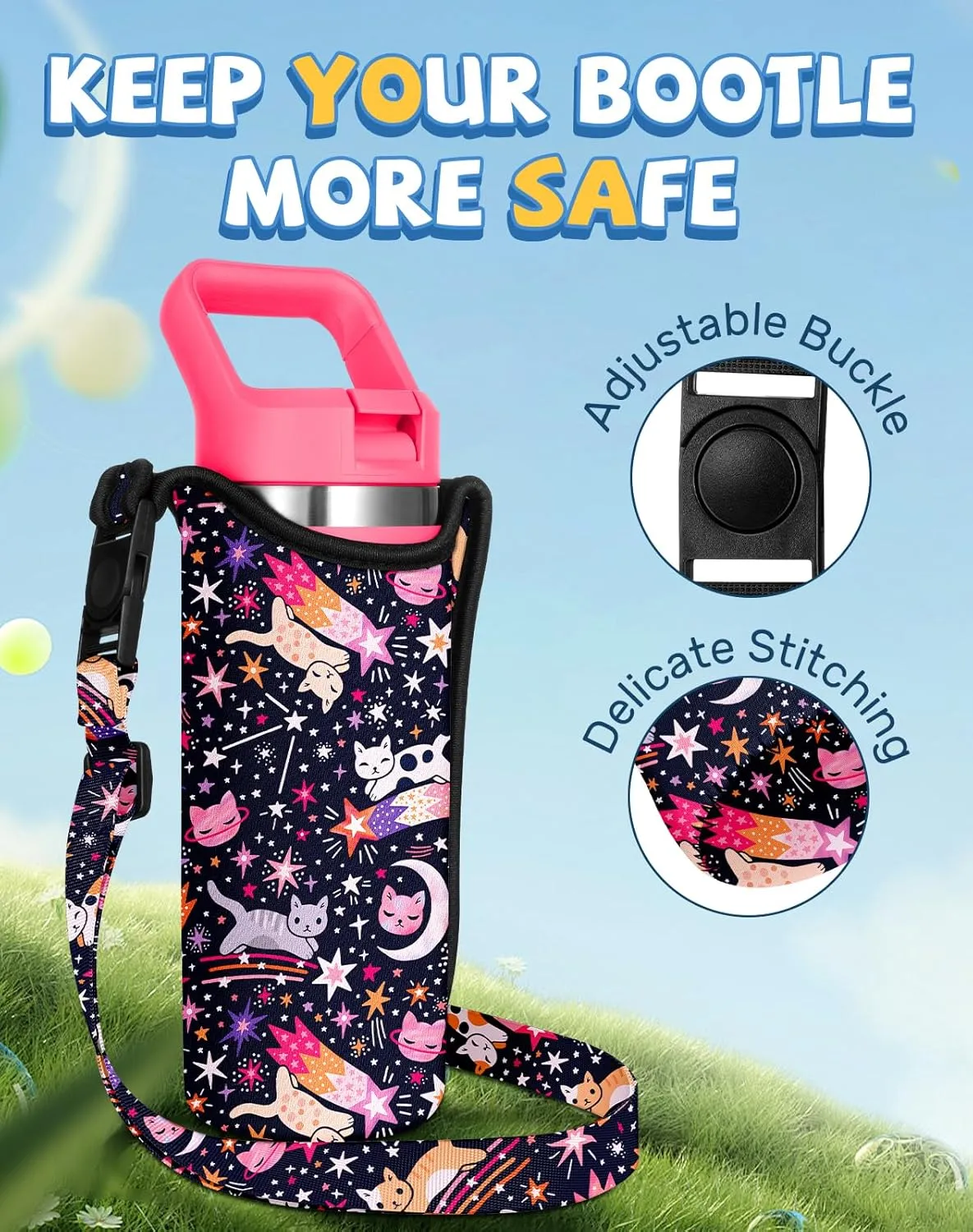 Water Bottle Carrier with Strap - Handheld Kids Water Bottle Holder for 10-16 oz / 14-20 oz Cute Cartoon Design Neoprene Crossbody Bottle Sling Bag for Boys Girls