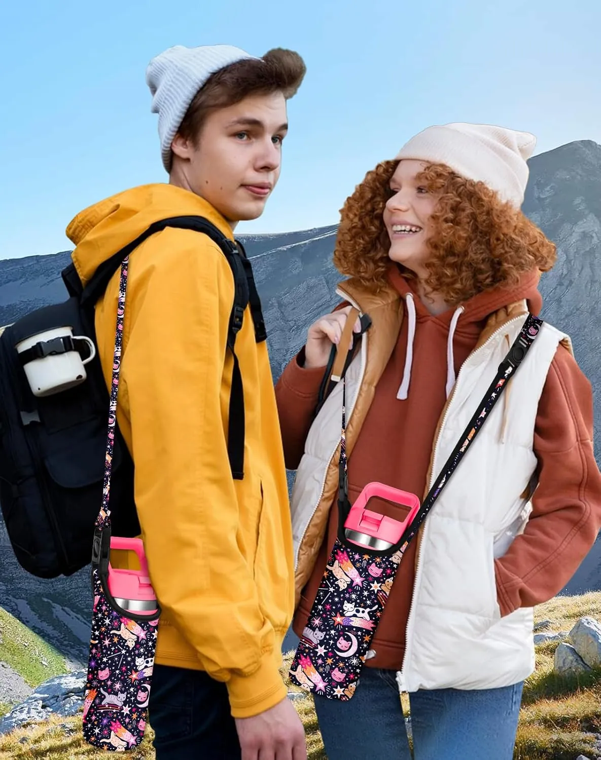 Water Bottle Carrier with Strap - Handheld Kids Water Bottle Holder for 10-16 oz / 14-20 oz Cute Cartoon Design Neoprene Crossbody Bottle Sling Bag for Boys Girls