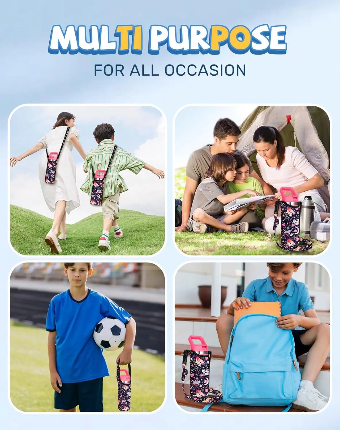 Water Bottle Carrier with Strap - Handheld Kids Water Bottle Holder for 10-16 oz / 14-20 oz Cute Cartoon Design Neoprene Crossbody Bottle Sling Bag for Boys Girls