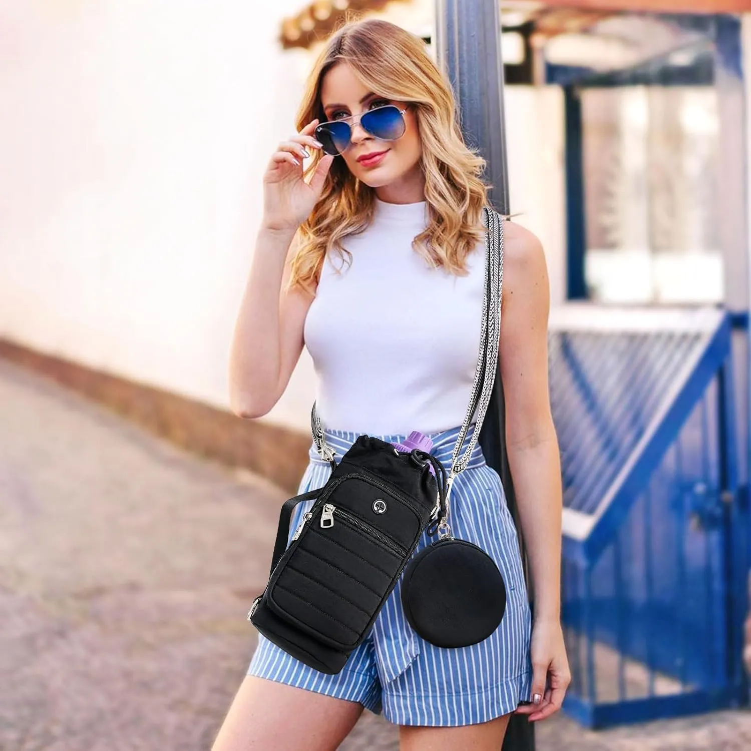 Water Bottle Carrier with Strap Water Bottle Holder with Strap Water Bottle Carrier Bag, Water Bottle Bag with Phone Pocket for Walking, Hiking, Cycling