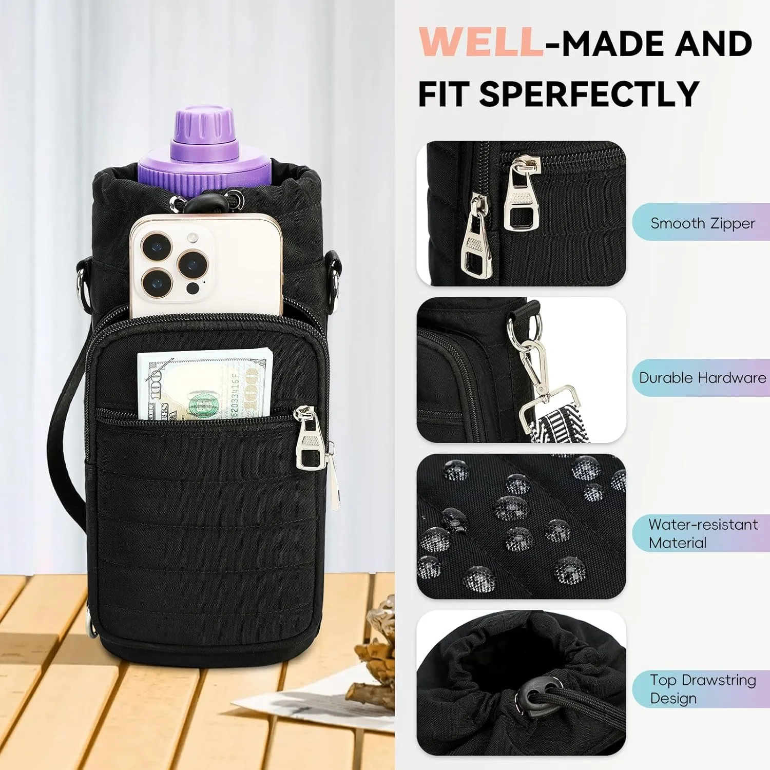 Water Bottle Carrier with Strap Water Bottle Holder with Strap Water Bottle Carrier Bag, Water Bottle Bag with Phone Pocket for Walking, Hiking, Cycling