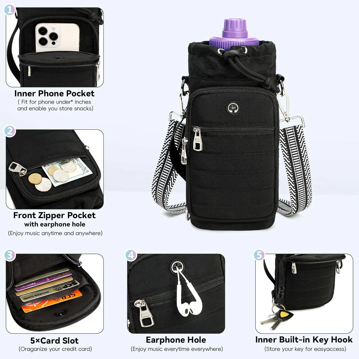 Water Bottle Carrier with Strap Water Bottle Holder with Strap Water Bottle Carrier Bag, Water Bottle Bag with Phone Pocket for Walking, Hiking, Cycling