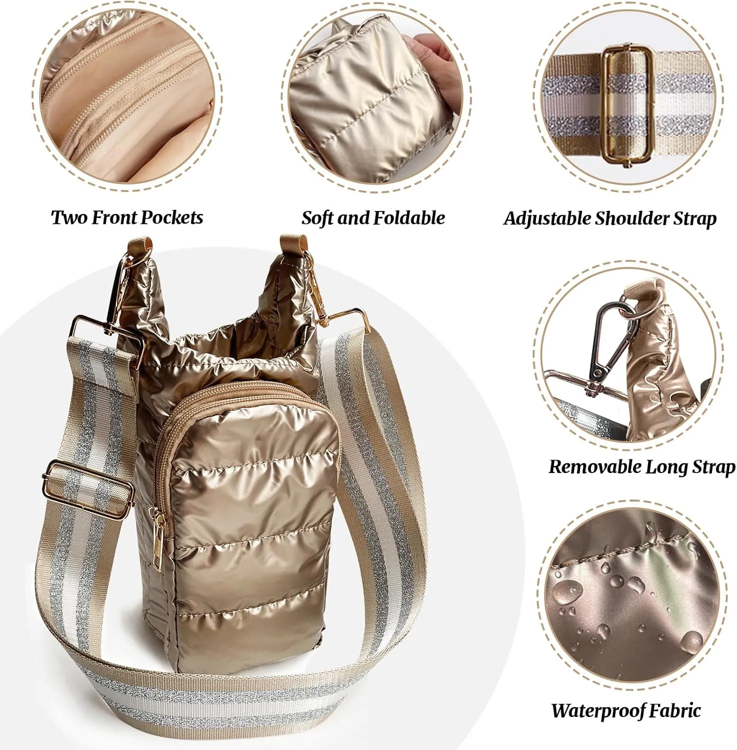 Water Bottle Holder with Strap Quilted Crossbody HydroBag Stylish Puffer Waterbottle Purses Water Bottle Sling Bag Water Bottle Accessories for Gifts Outdoor Travel Walking Hiking Camping