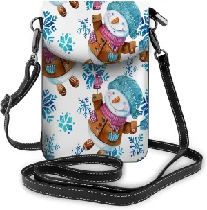 Watercolor Cartoon Snowman Crossbody Cell Phone Purse December Snowflakes Flake Snowfll Snow WinterWallet Handbag