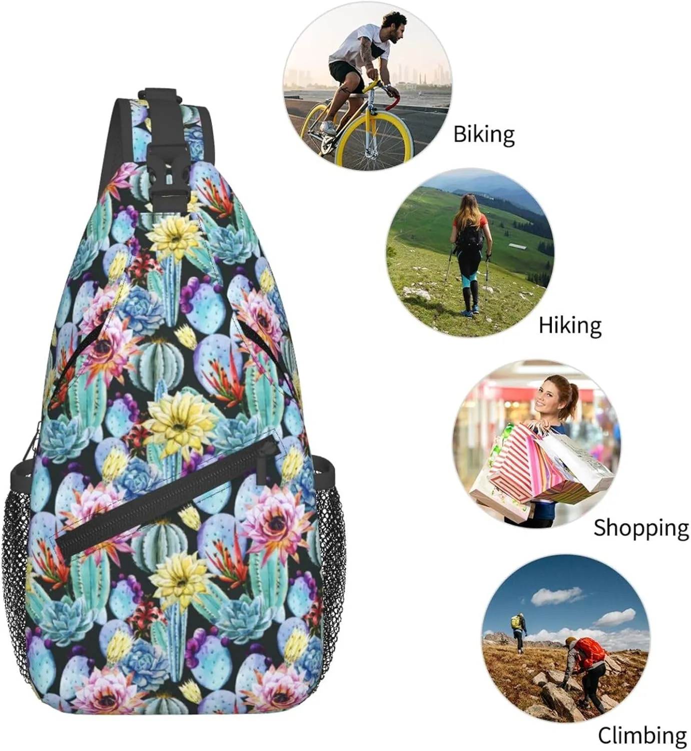 Watercolor Cute Cactus Flowers Chest Sling Bag Crossbody Shoulder Backpack Bag Gym Cycling Daypack Travel Hiking Cross Bag