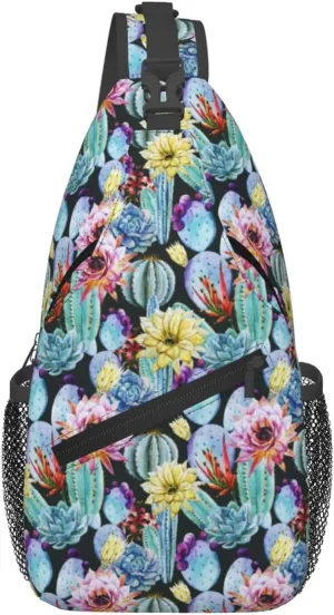 Watercolor Cute Cactus Flowers Chest Sling Bag Crossbody Shoulder Backpack Bag Gym Cycling Daypack Travel Hiking Cross Bag