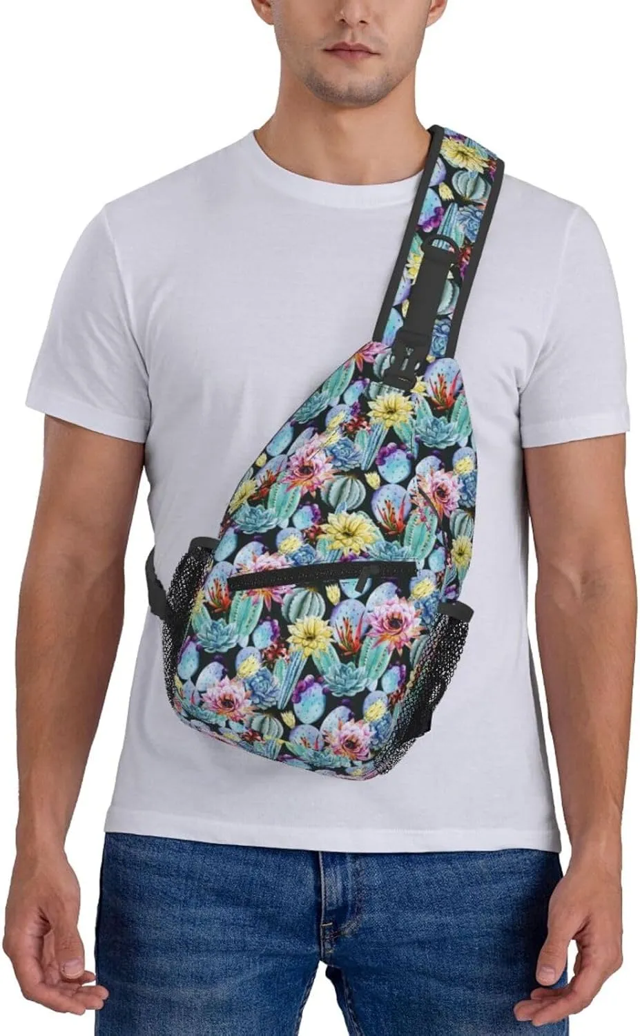 Watercolor Cute Cactus Flowers Chest Sling Bag Crossbody Shoulder Backpack Bag Gym Cycling Daypack Travel Hiking Cross Bag