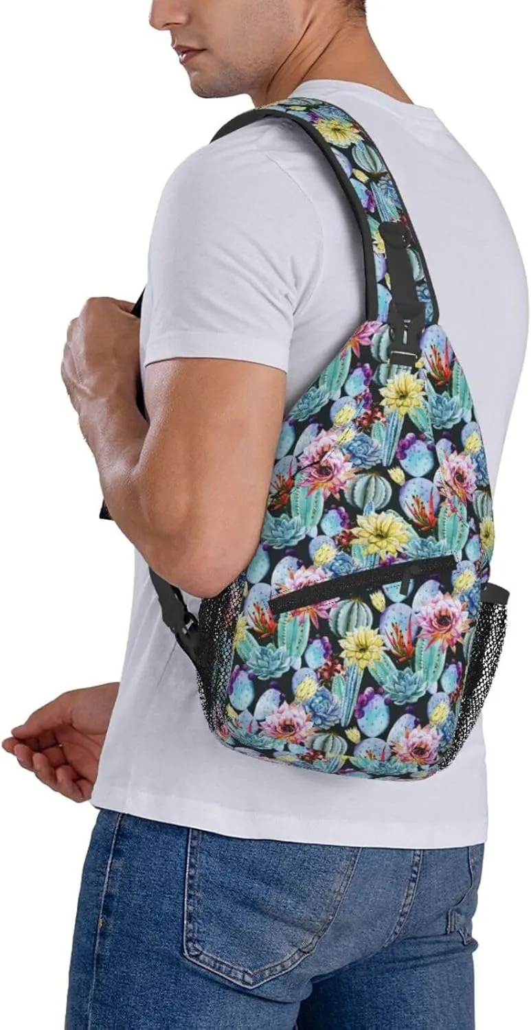 Watercolor Cute Cactus Flowers Chest Sling Bag Crossbody Shoulder Backpack Bag Gym Cycling Daypack Travel Hiking Cross Bag