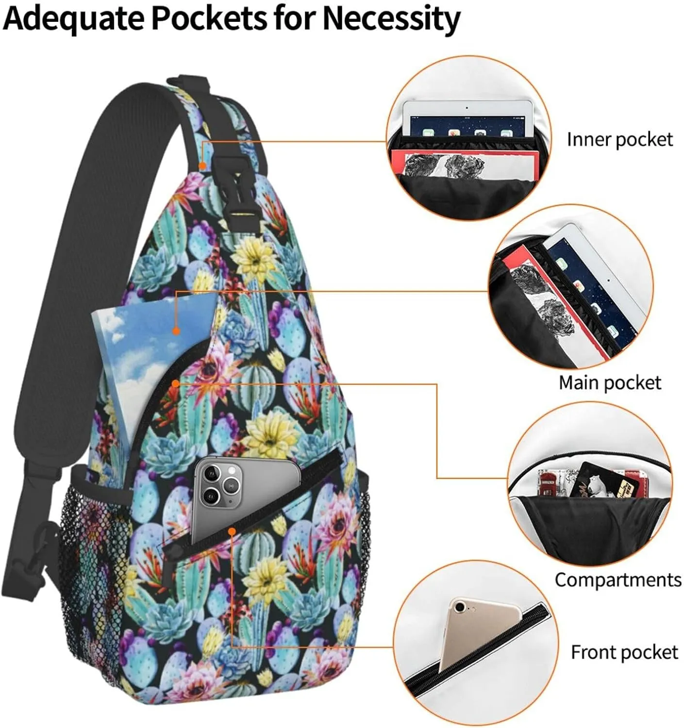 Watercolor Cute Cactus Flowers Chest Sling Bag Crossbody Shoulder Backpack Bag Gym Cycling Daypack Travel Hiking Cross Bag