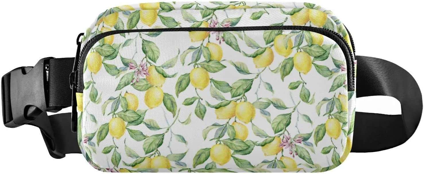Watercolor Lemon with Leaves Flowers Seamless on White Adjustable Belt Running Bag, Crossbody Fanny Pack Waist Runners Bag Tote for Women Men Sports Hiking Fitness Exercise Gym Pouch