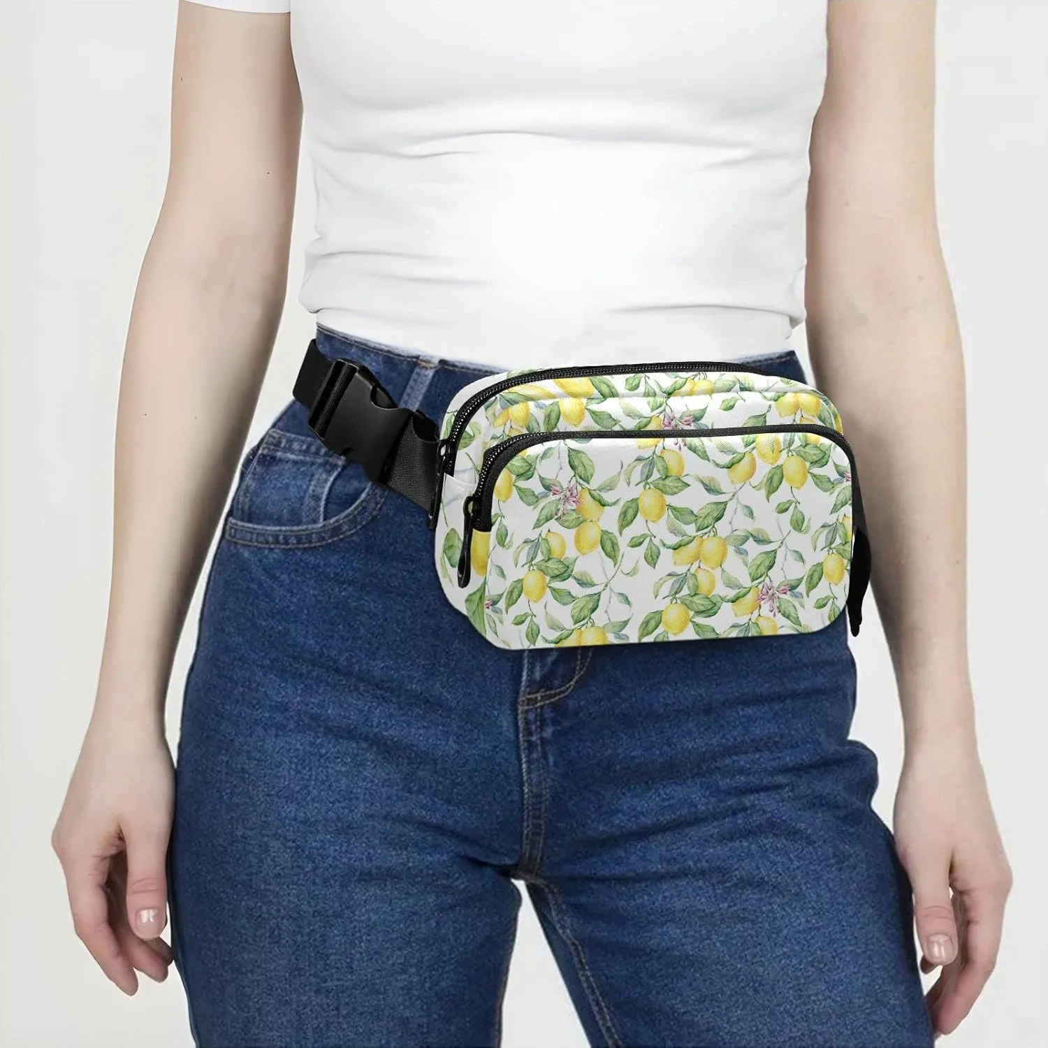 Watercolor Lemon with Leaves Flowers Seamless on White Adjustable Belt Running Bag, Crossbody Fanny Pack Waist Runners Bag Tote for Women Men Sports Hiking Fitness Exercise Gym Pouch