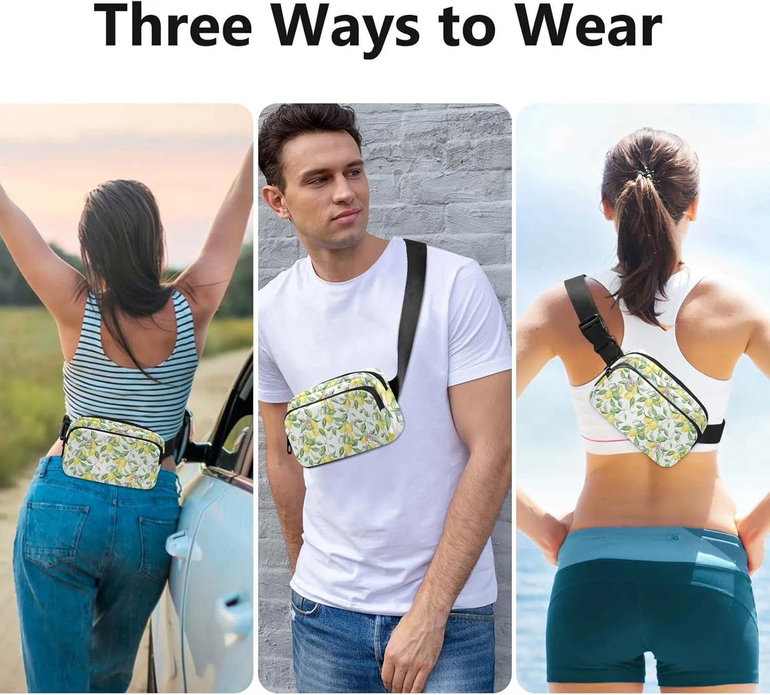 Watercolor Lemon with Leaves Flowers Seamless on White Adjustable Belt Running Bag, Crossbody Fanny Pack Waist Runners Bag Tote for Women Men Sports Hiking Fitness Exercise Gym Pouch