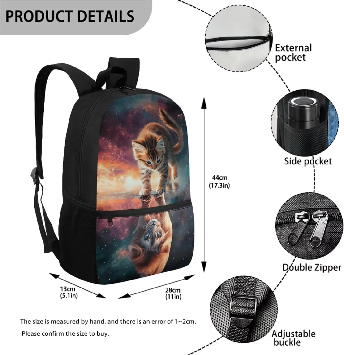 WELLFLYHOM Cat Lion Backpack for School Kids Girls 1st Grade/ 2nd Grade/ 3rd Grade 17 Inch Book Bag with Insulated Lunch Bag Cute Pencil Case Adjustable Strap Water Bottle Sleeve