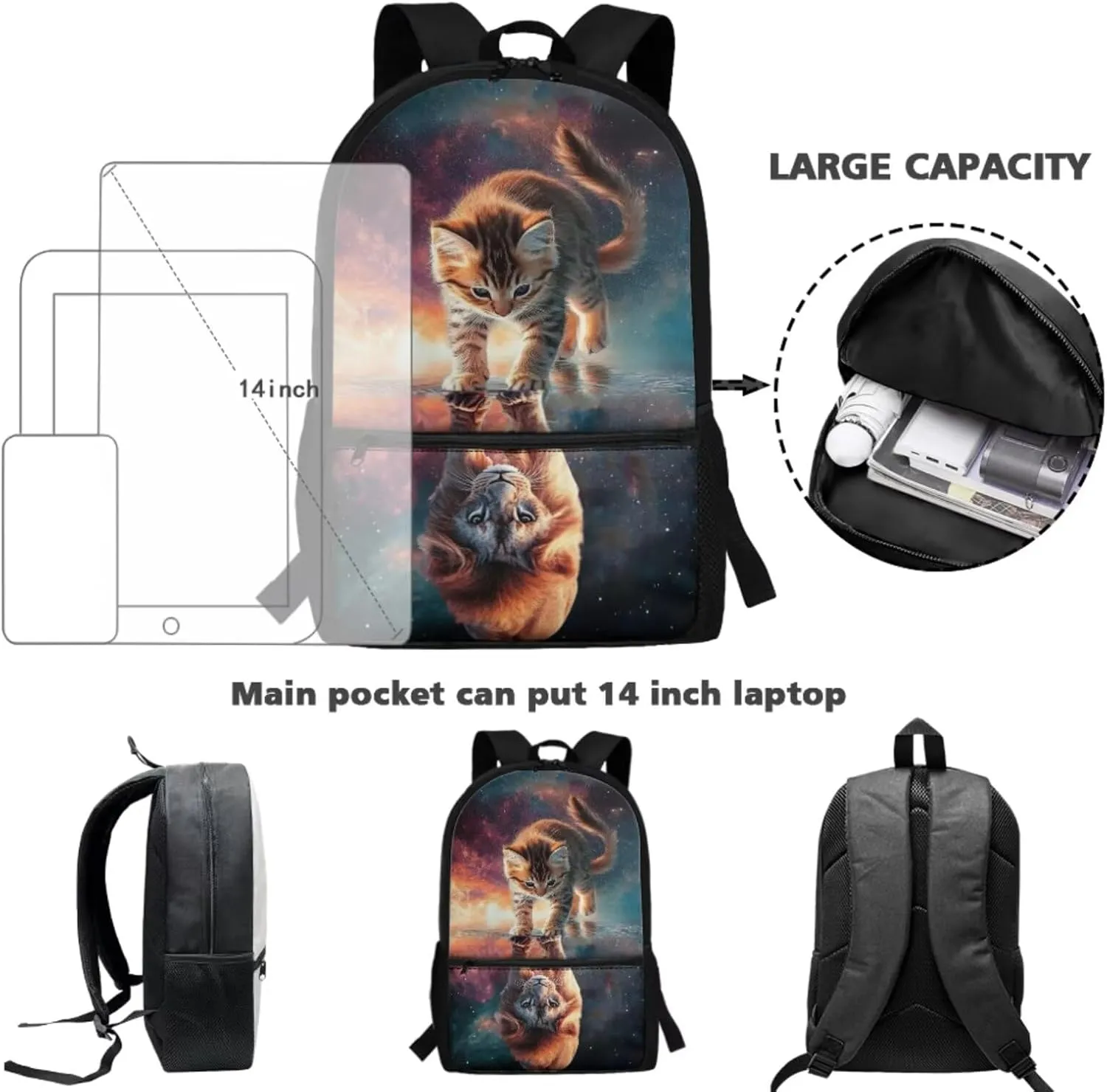 WELLFLYHOM Cat Lion Backpack for School Kids Girls 1st Grade/ 2nd Grade/ 3rd Grade 17 Inch Book Bag with Insulated Lunch Bag Cute Pencil Case Adjustable Strap Water Bottle Sleeve