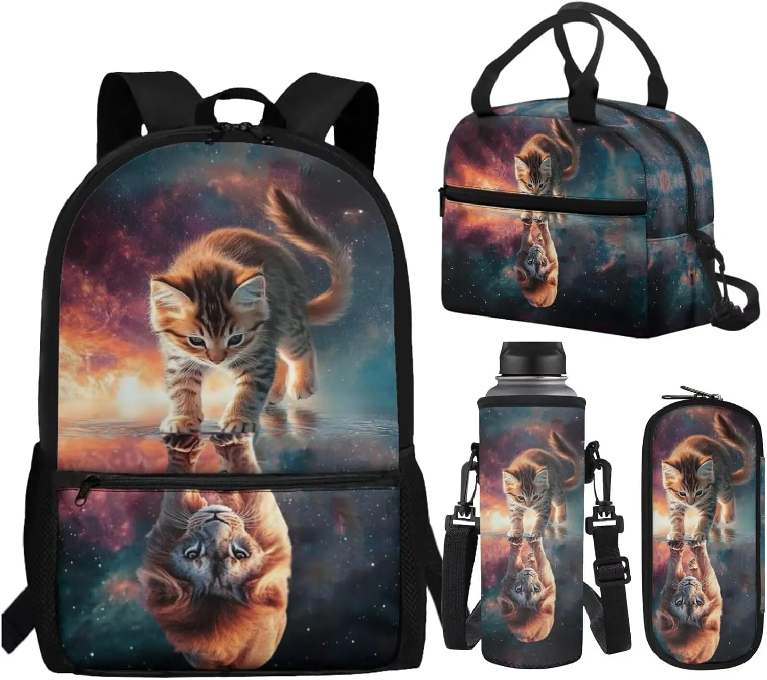 WELLFLYHOM Cat Lion Backpack for School Kids Girls 1st Grade/ 2nd Grade/ 3rd Grade 17 Inch Book Bag with Insulated Lunch Bag Cute Pencil Case Adjustable Strap Water Bottle Sleeve