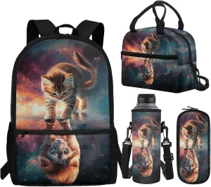WELLFLYHOM Cat Lion Backpack for School Kids Girls 1st Grade/ 2nd Grade/ 3rd Grade 17 Inch Book Bag with Insulated Lunch Bag Cute Pencil Case Adjustable Strap Water Bottle Sleeve