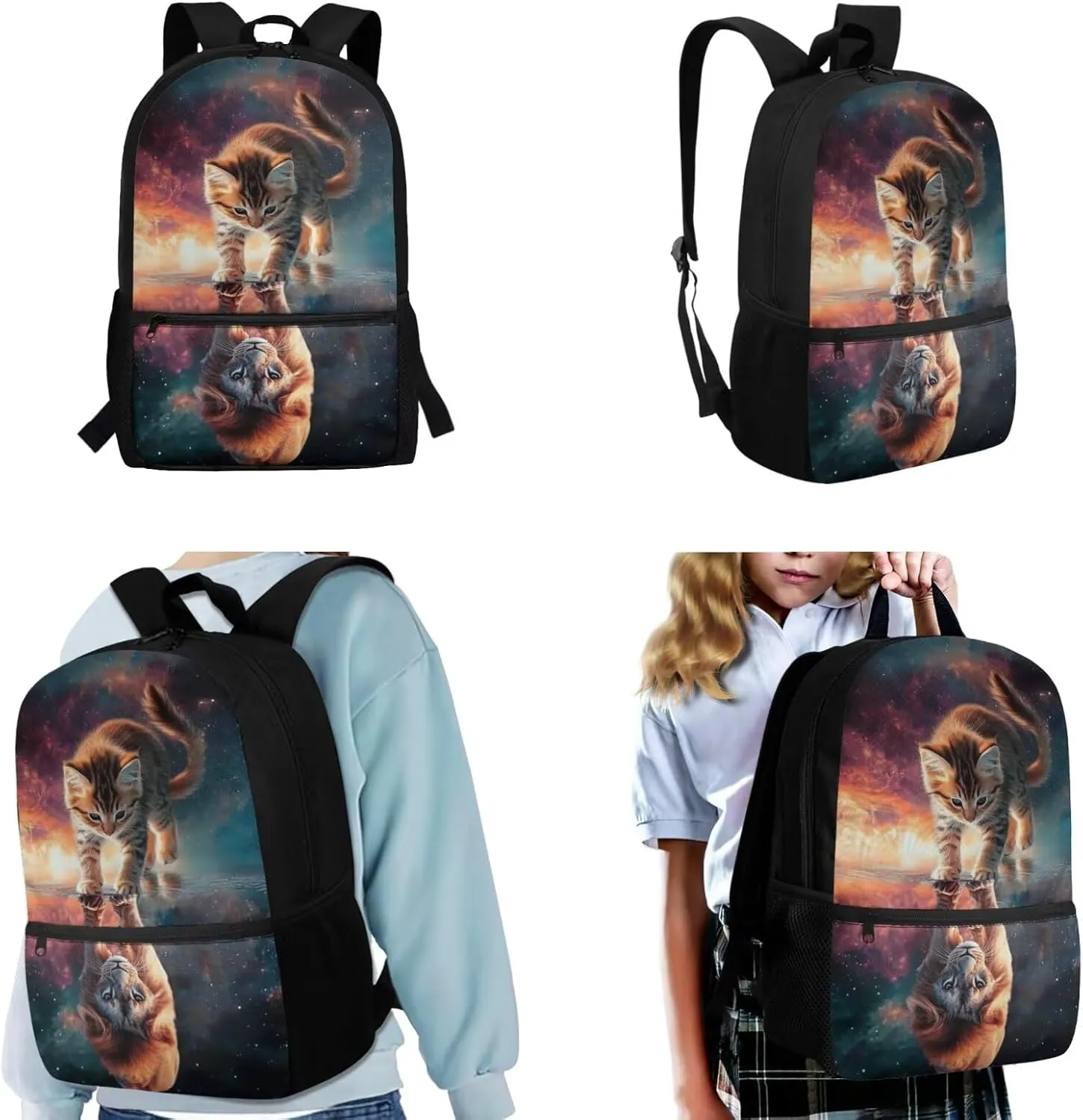 WELLFLYHOM Cat Lion Backpack for School Kids Girls 1st Grade/ 2nd Grade/ 3rd Grade 17 Inch Book Bag with Insulated Lunch Bag Cute Pencil Case Adjustable Strap Water Bottle Sleeve
