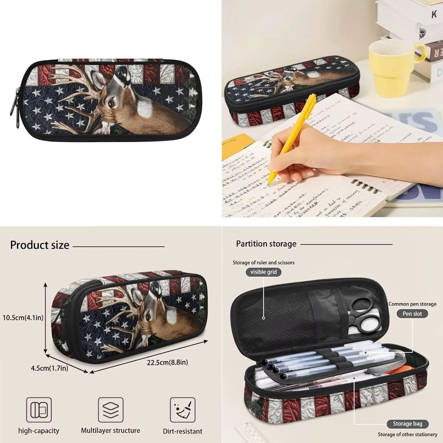 WELLFLYHOM Deer 4Pcs School Backpack for Boys 6-8 Bookbag Kids Schoolbag with Lunchbox Pencil Case Water Bottle Sleeve American Flag Boys School Back Pack