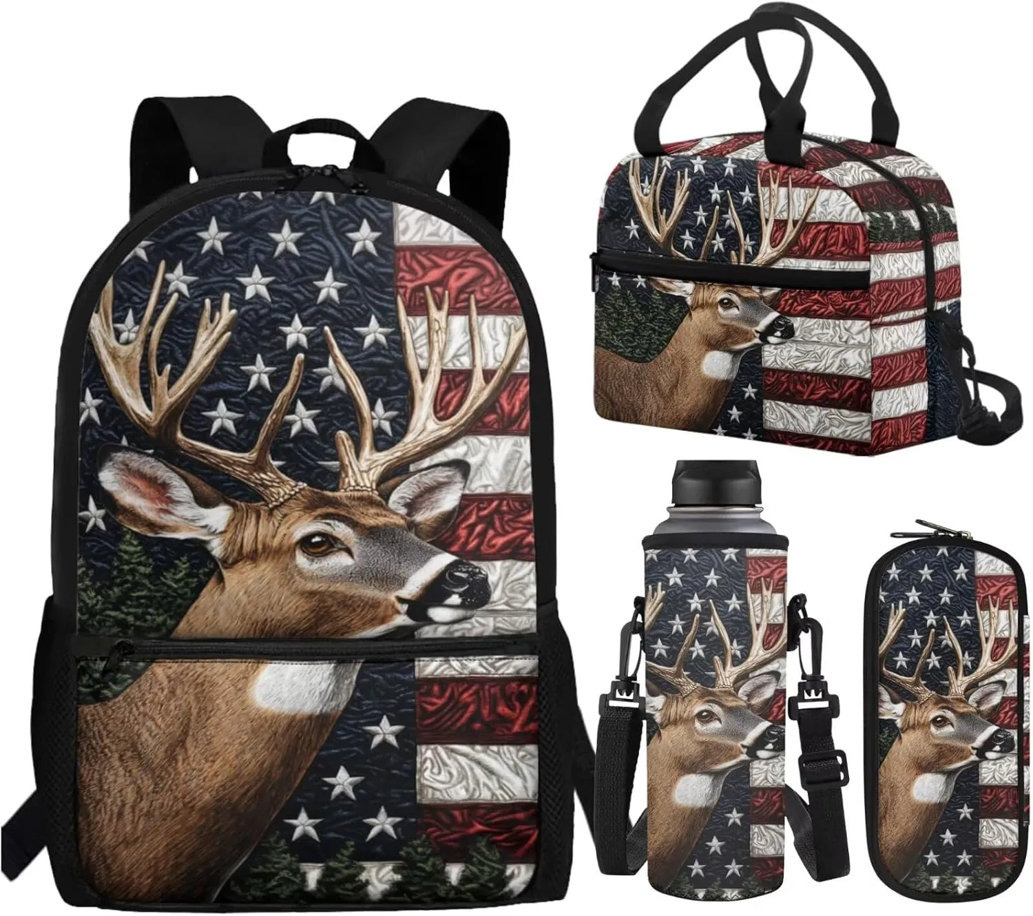 WELLFLYHOM Deer 4Pcs School Backpack for Boys 6-8 Bookbag Kids Schoolbag with Lunchbox Pencil Case Water Bottle Sleeve American Flag Boys School Back Pack