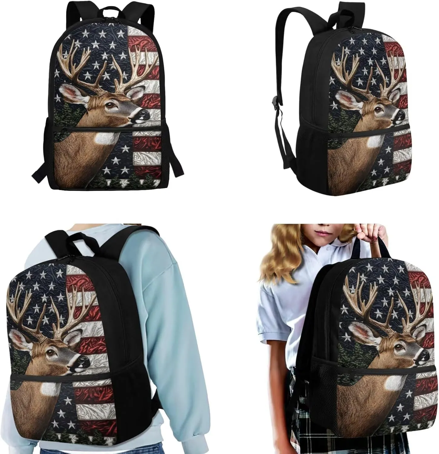 WELLFLYHOM Deer 4Pcs School Backpack for Boys 6-8 Bookbag Kids Schoolbag with Lunchbox Pencil Case Water Bottle Sleeve American Flag Boys School Back Pack