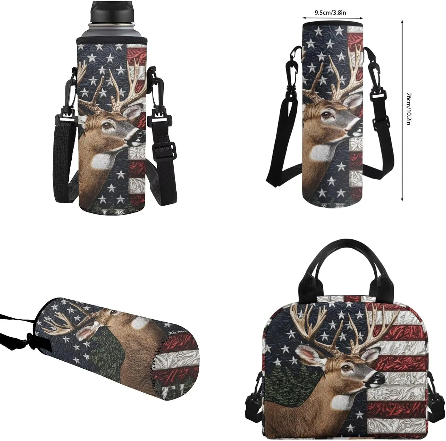 WELLFLYHOM Deer 4Pcs School Backpack for Boys 6-8 Bookbag Kids Schoolbag with Lunchbox Pencil Case Water Bottle Sleeve American Flag Boys School Back Pack